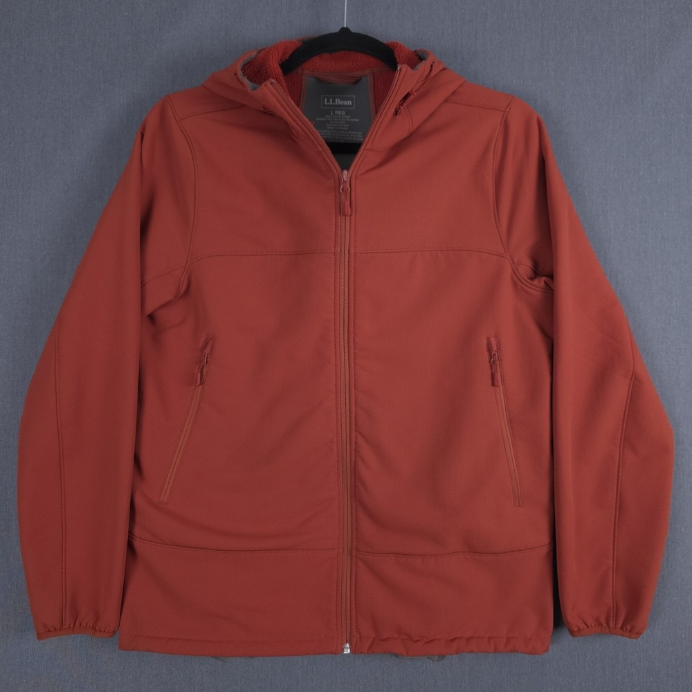 LL Bean StormFleece Pro Hoodie Men Large Orange Full Zip Softshell Jacket 504684